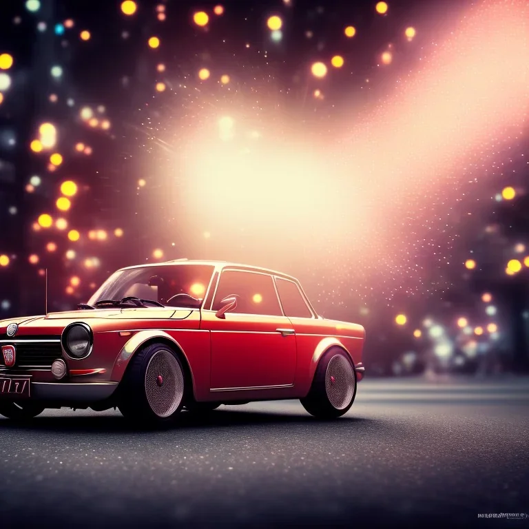 fiat 125p, city. high speed. bokeh. lens flare. warm lights. high detailed