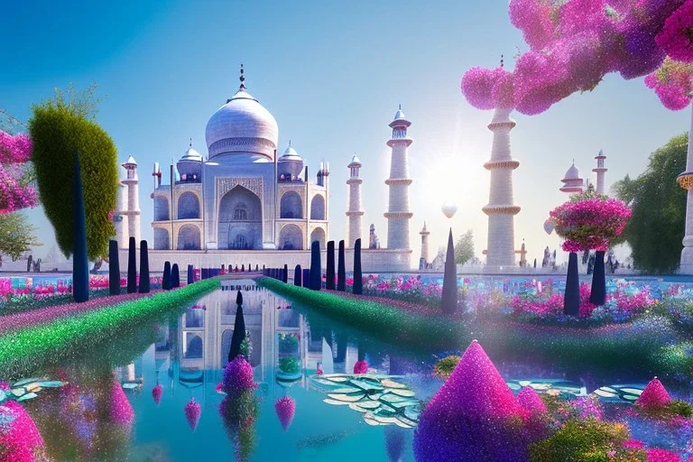 cascade,a magical crystal blue gold taj mahal,flower parc bougainvillier, blue lake,sun,white swanns,pink vertical, blue lake,sharp, vines, candlelit, endor, ornate, elegant, highly detailed, artstation, concept art, smooth, sharp focus, illustration, 8k, splash art, wallpaper, key visual