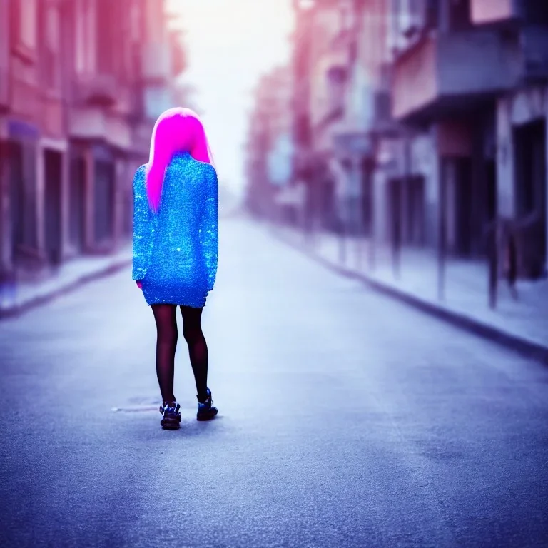 Beautiful lonely girl who walks along a street without people at dawn. You see her from behind. She is very short blue dressed. She has long pink hair with glowing crystals. Full body, 8k resolution concept art. Professional Photo HD. Stylish. Warm vivid colors. Panoramic