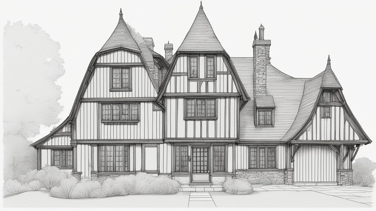 A front elevation fine line drawing of a fantasy Tudor farmhouse.