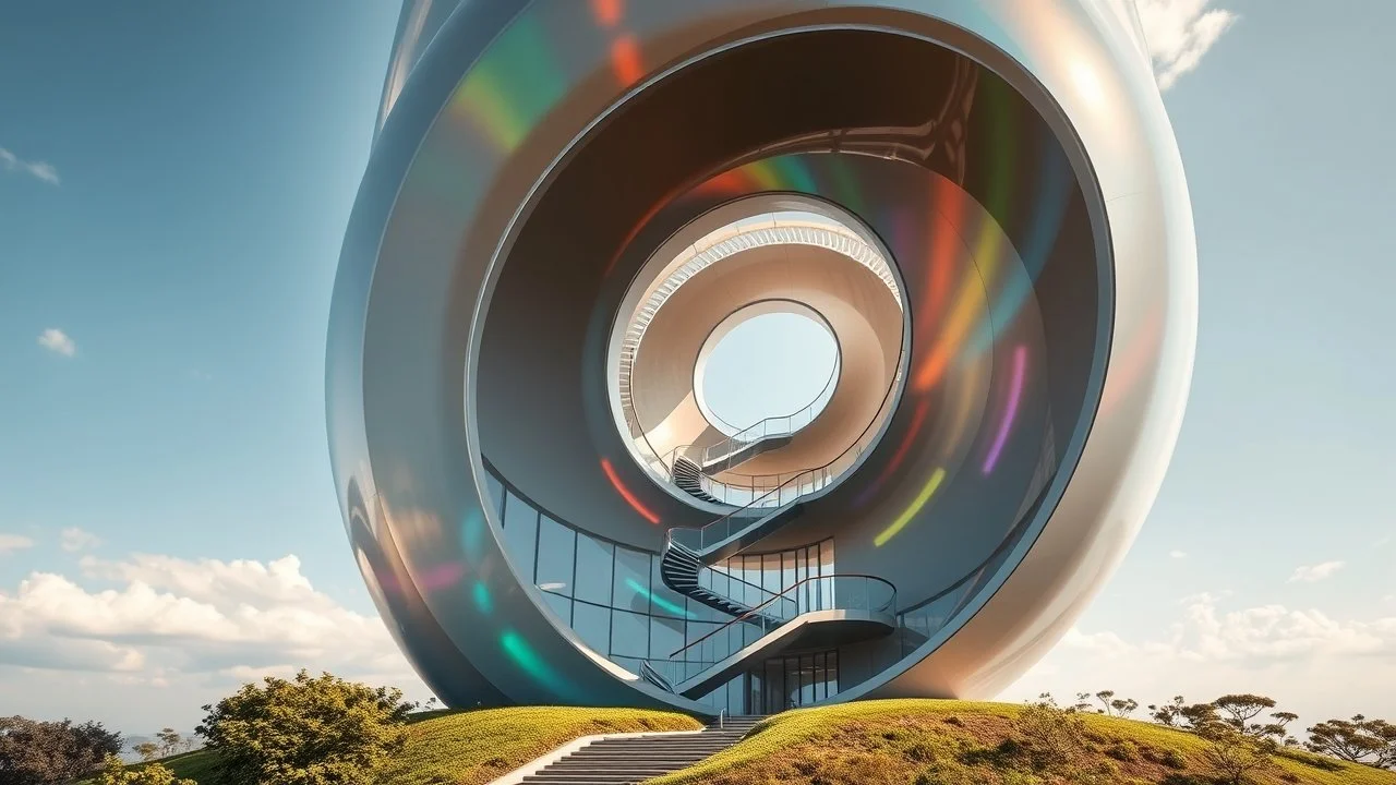 A striking tower built around a central spiral shape, with a helix staircase wrapping around the outside of the building. The walls are made of a translucent material that reflects sunlight in rainbow hues, and each floor gradually spirals upward, creating a dynamic and captivating form. The landscape below is sculpted to echo the swirling design. Photograph