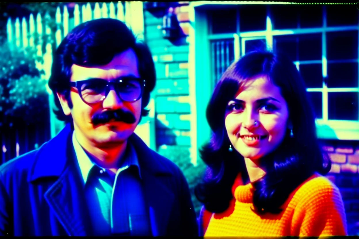 ayoung man and a beautiful woman standing next to each other, 1 9 7 0 s analog video, with mustache, assyrian, small glasses, cold scene, out of focus background, house on background, the woman has long dark hair, the photo shows a large, deiv calviz, before the final culling