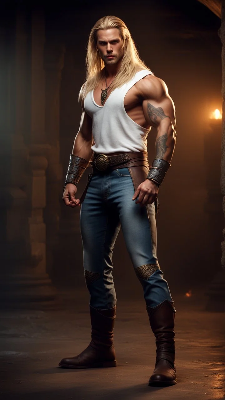 handsome warrior king, muscular, long blonde hair, male age 30, wearing jeans and a white shirt, tan skin, tattoos,photorealistic 4k dark fantasy