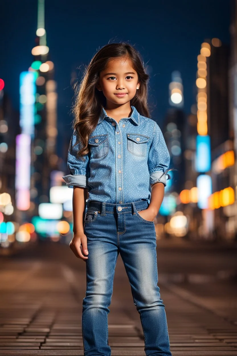 Little 8 years old 1girl wearing a pretty shirt and jean pant, standing pose,modern city ,night view