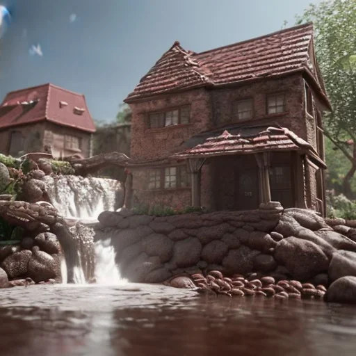 House cake chocolate waterfall made of chocolate is flowing, unreal engine