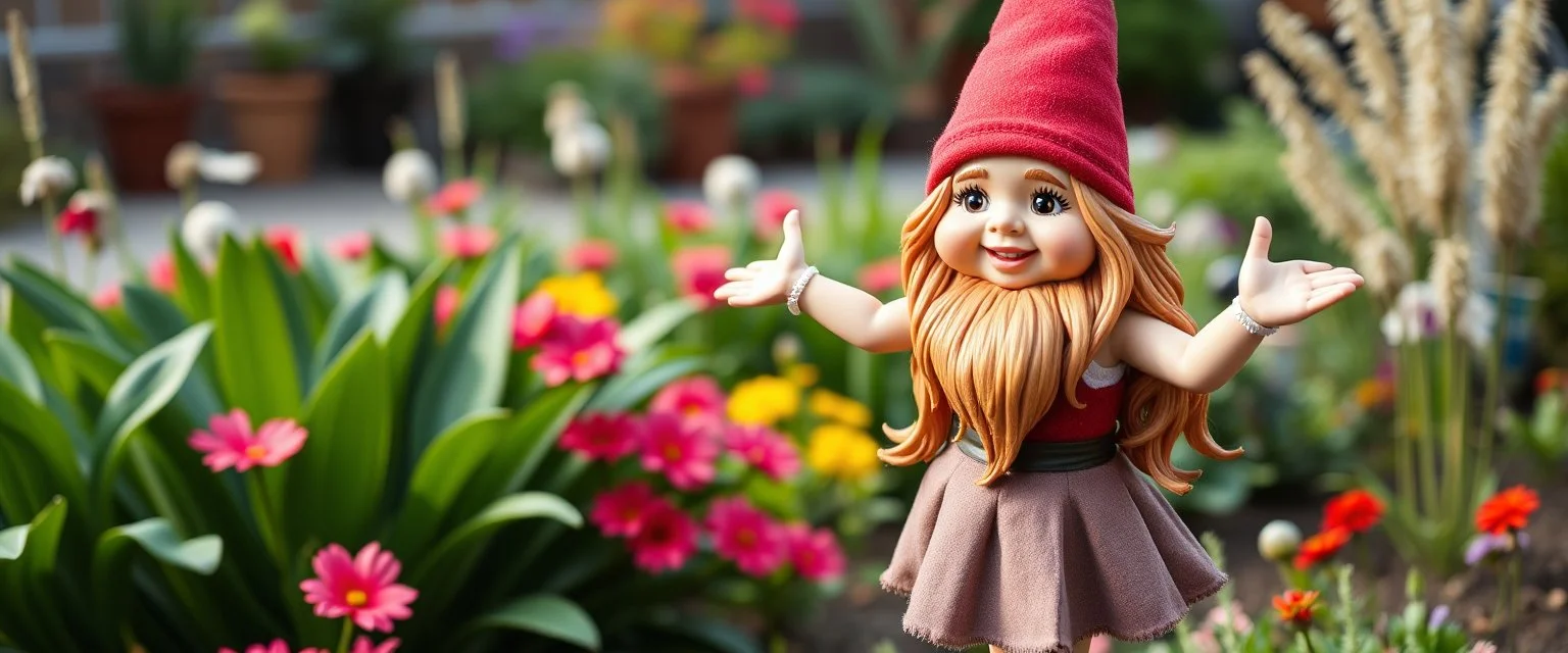 totally symmetric gnome nice cheerleader in garden doing her thing full body portrait