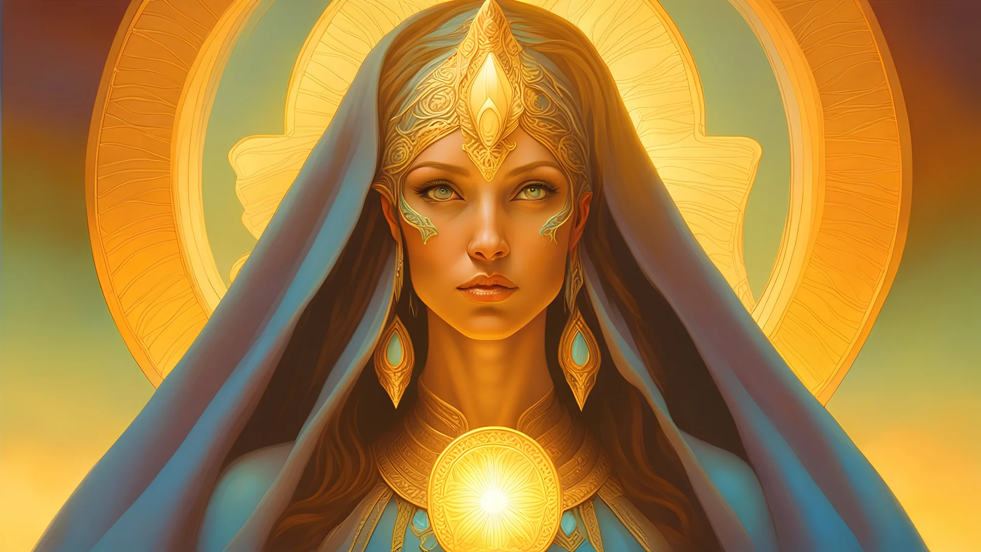The stunning beautiful goddess of light. concept art, mid shot, intricately detailed, color depth, dramatic, 2/3 face angle, side light, colorful background. Painted by Michael Whelan