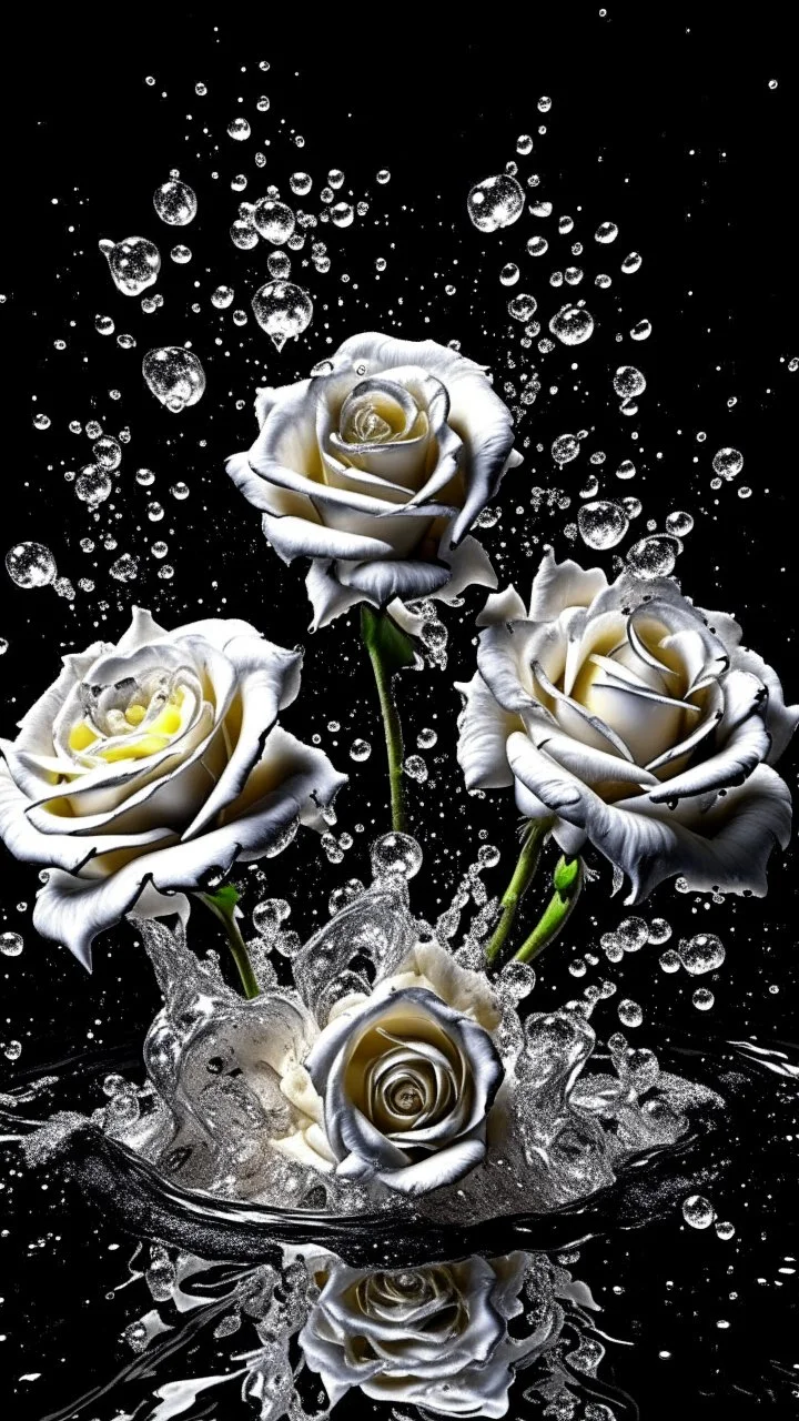 Purity transparency water splashing twisted with many white roses inside, photo, 8k