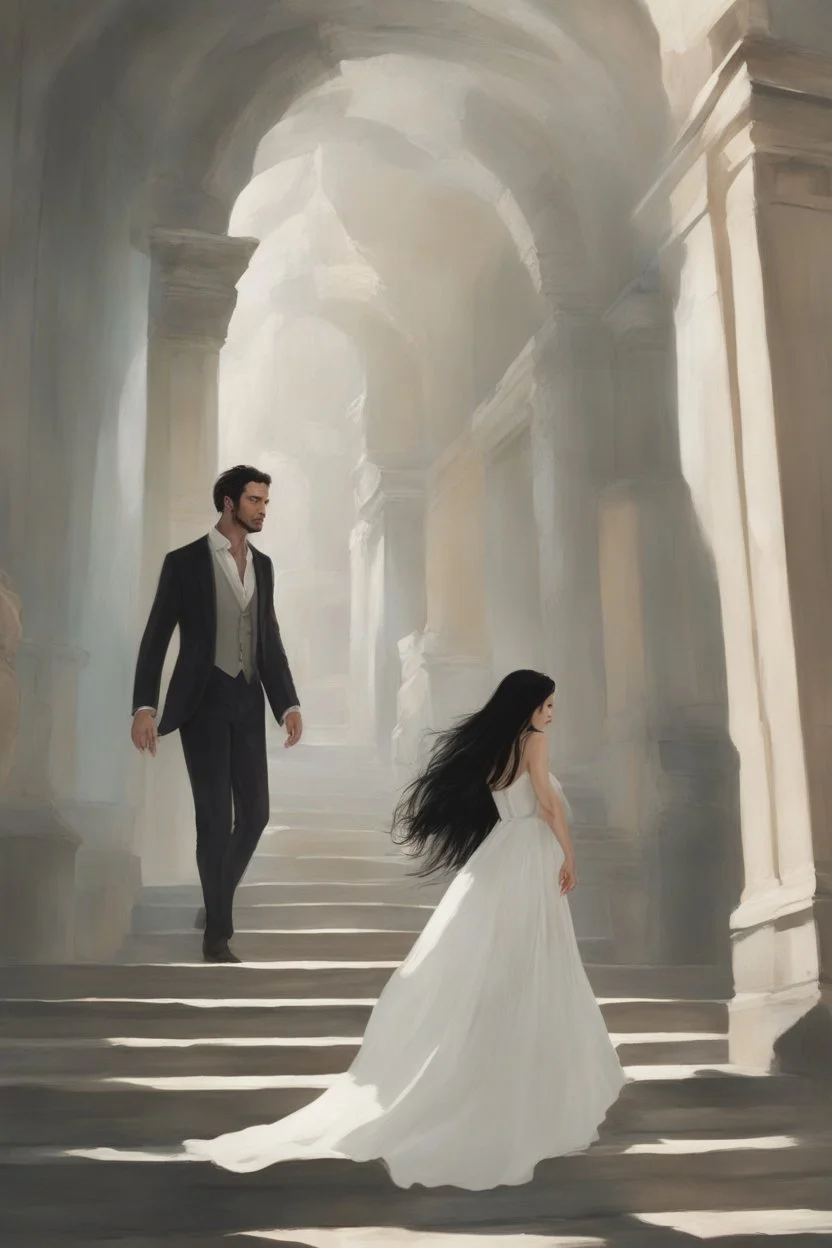 Woman with white hair wearing a white dress, walking down a sunlit stone hall, AND a handsome man in the background lurking in the shadows with long black hair