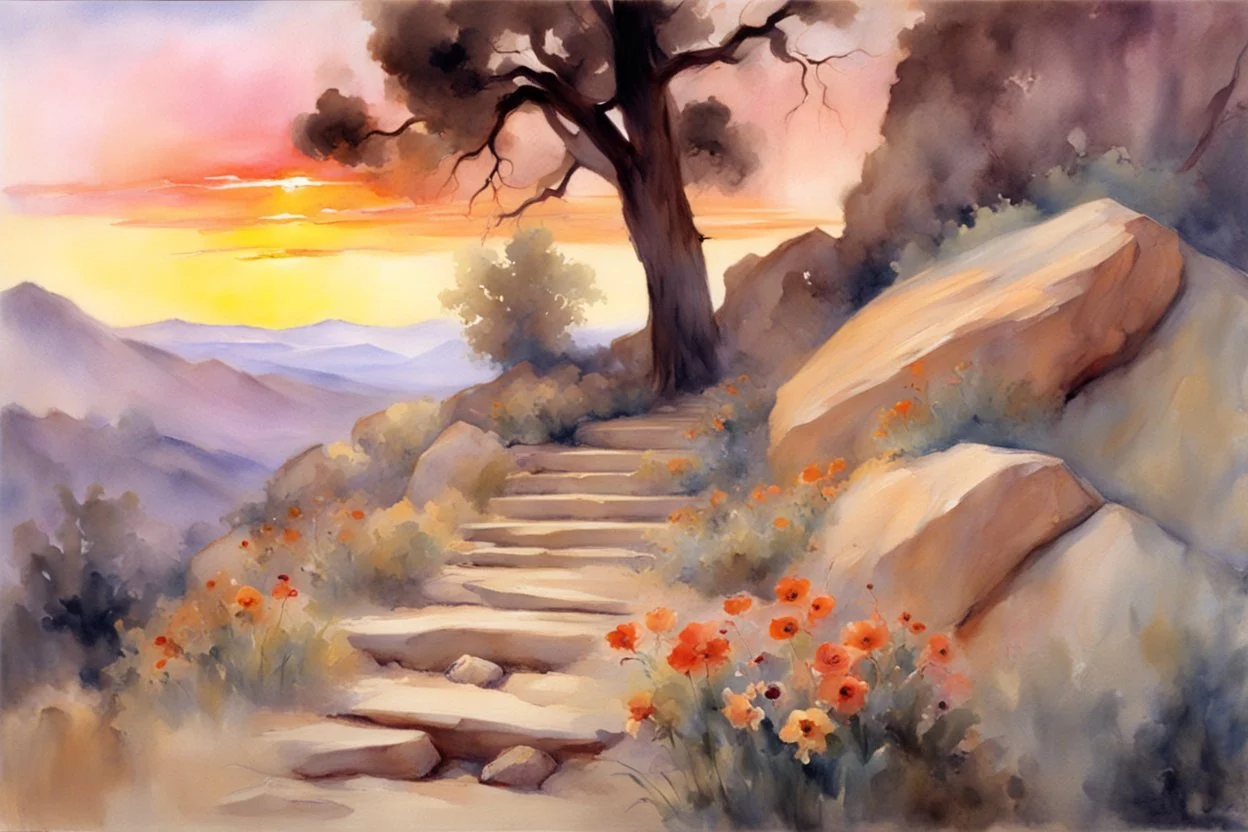 Amazing beautiful sunset, flowers, rocks, mountains, trees, sci-fi, fantasy, epic, john singer sargent watercolor paintings