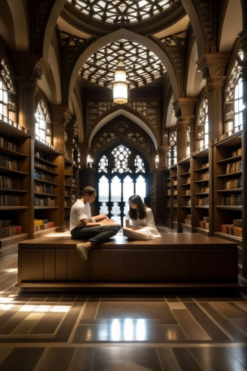 Big books case in a arabesque hall and couple sitting for reading