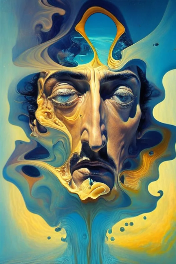 A surreal, Salvador Dali-inspired portrait of a person with their facial features melting and morphing into a dreamscape filled with whimsical and bizarre elements, showcasing the fluidity and boundlessness of the human imagination.