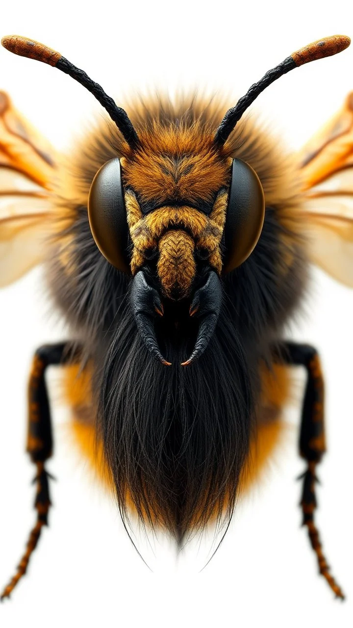 Bee front view with human look face and long hair and beard looks like an ancient Sumerian gods