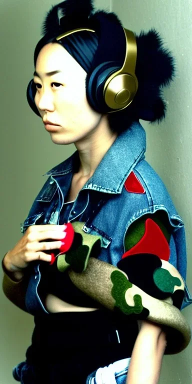 Young fleshy Japanese woman black hair. thick thigh, thick calves. Style: Haute Couture, 1990's, late nineties, street style.Mantle is sewed of recycled Denim and sewed together of camouflage pieces.Big headphones, with gold rings, is merged with small felt cap with small visor. A bag is integrated to the mantle. Patterns are composed of orange, cream, blue, lilac and purple. blue latex somewhere. It is with big bright purple felt tippet and cream-colored-hood. mantle is merged with tippet.