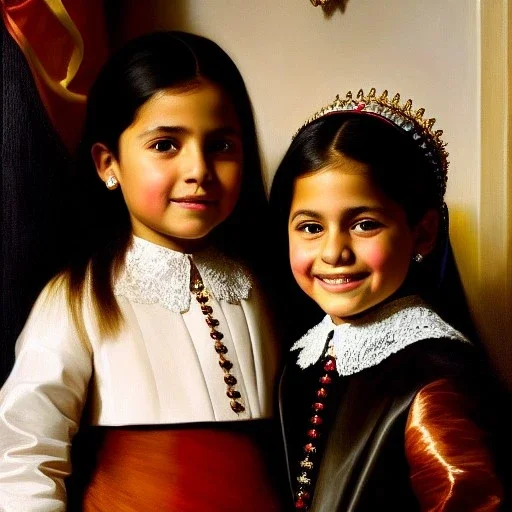 portrait of sisters Eira Santiago Arnau 10 year old and Dalia Santiago Arnau 6 year old by Velazquez,smiling, oil on canvas, cinematic composition, extreme detail,8k,fit full head inside picture,