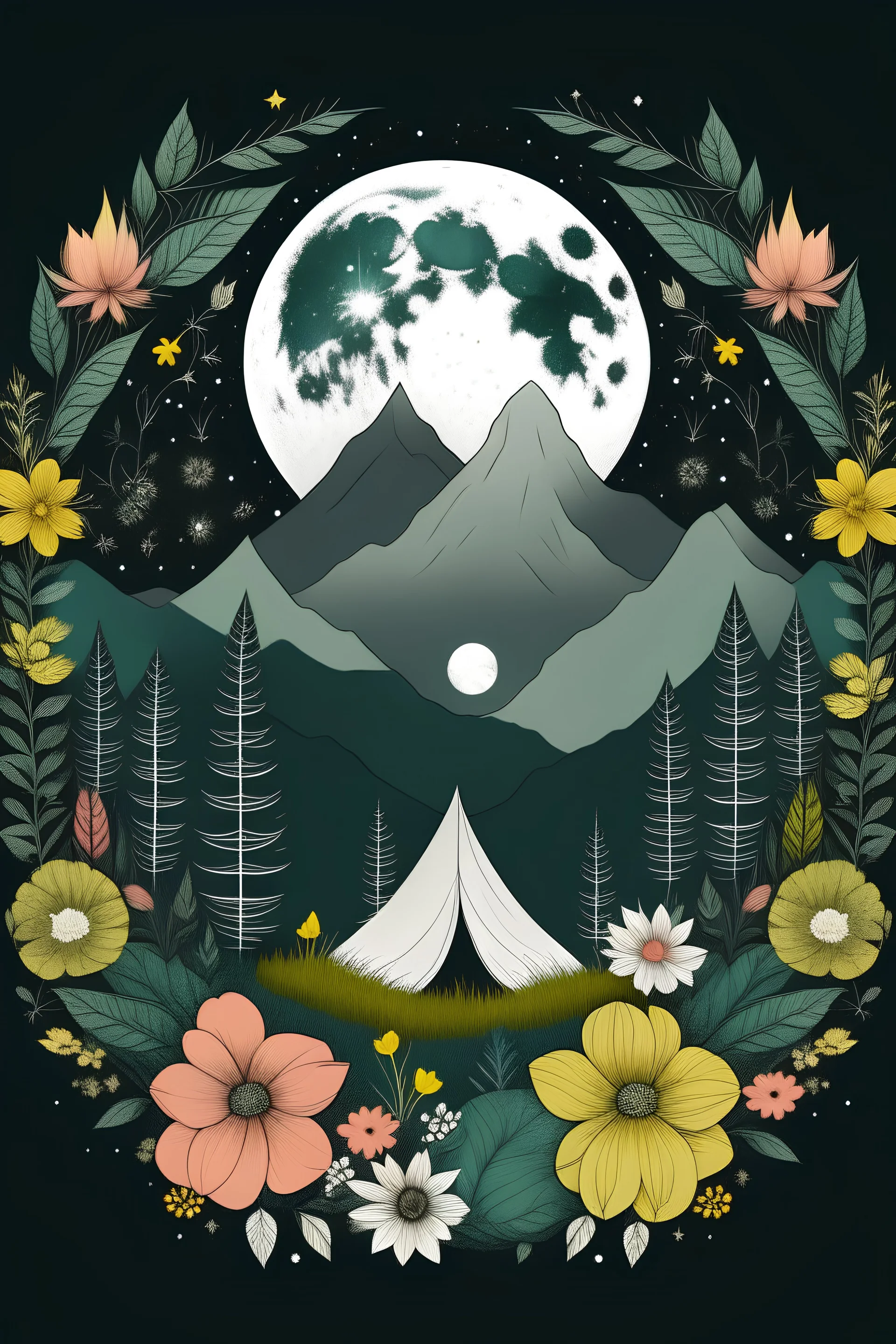 Boho Chic Floral Forest Nature Mountain Moon Hiking Camping