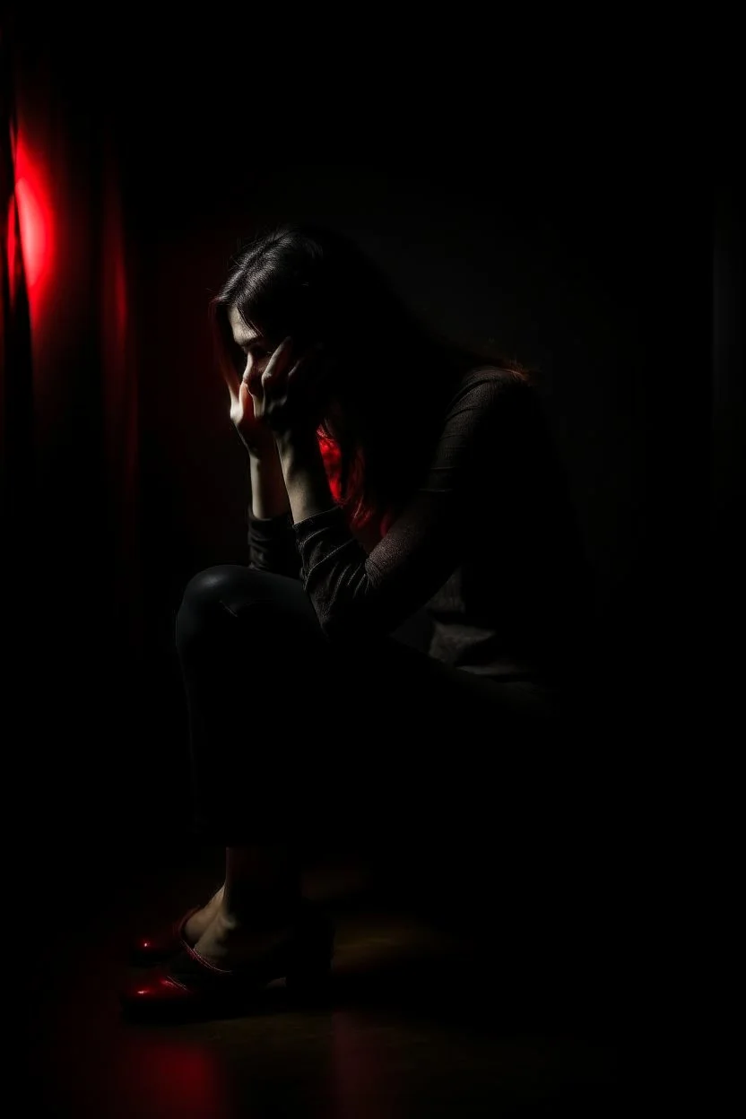 Image of a woman sitting alone, surrounded by shadowy figures whispering in her ear, suggesting the influence of manipulation and dark psychology on individual perceptions of attractiveness Give it a very dark frightening vibe. Use black and red theme.