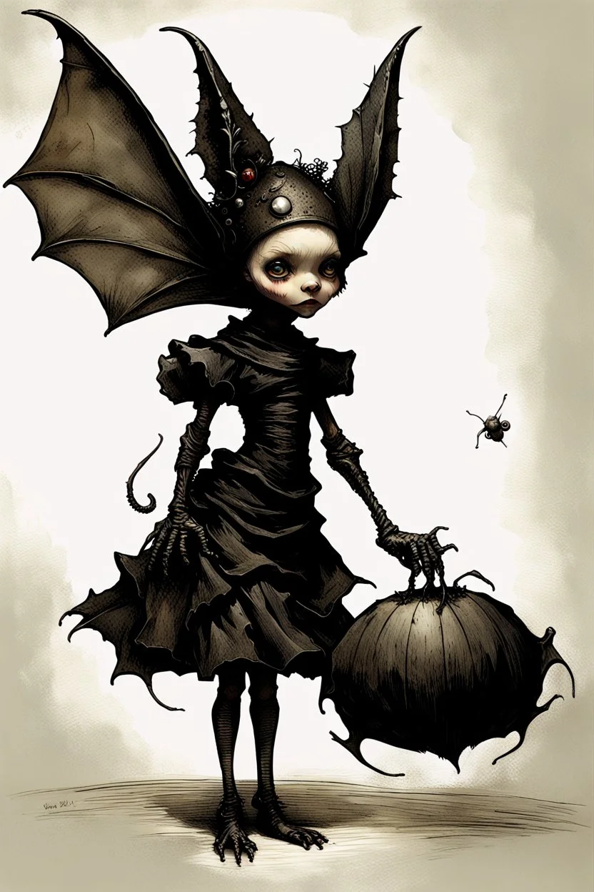 Artist Jean-Baptiste Monge style. A humanoid biomechanical Black bat-flower headed Baby with white eyes and a black dress. Modifiers: award winning crisp quality very cute