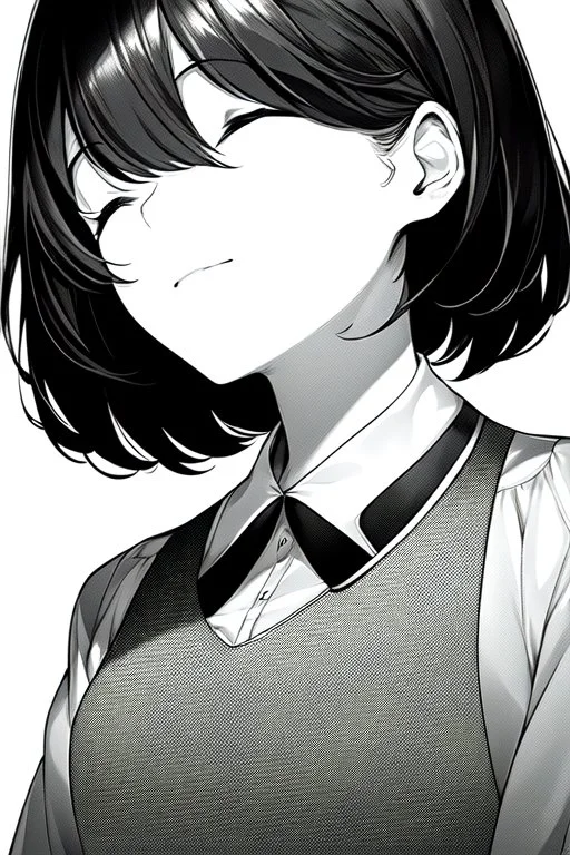 short hair girl, closed eyes, close-up, greyscale