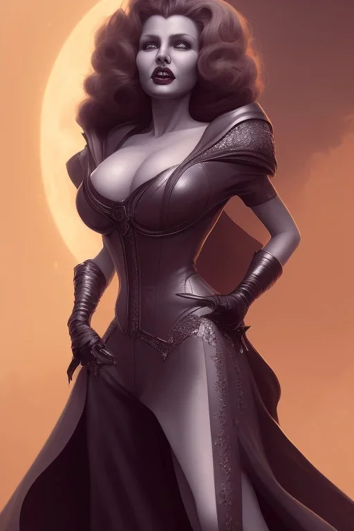 Rita Hayworth as evil queen in black leather, busty, cleavage, curvy, angry, stern look. character design by cory loftis, fenghua zhong, ryohei hase, ismail inceoglu and ruan jia. unreal engine 5, artistic lighting, highly detailed, photorealistic, fantasy