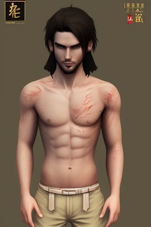 A Young Man who is a Samurai, he has scars, cuts, and marks on his body. His body looks war torn, and he is missing his left arm from his shoulder. He has long black hair and has a stuble for facial hair.