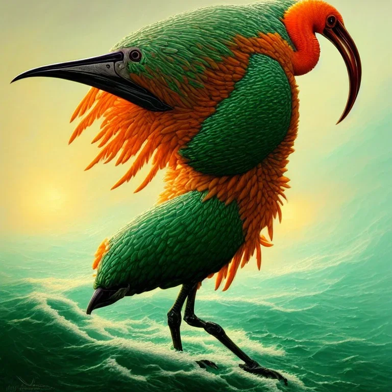 an ibis, in orange and green full battle armor, a highly detailed illustration, background of crashing ocean waves, realistic render, 8 k, micro detail, intricate, elegant, centered, digital painting, Artstation, smooth, sharp focus, illustration, artgerm, tomasz alen kopera, peter mohrbacher, donato giancola, joseph christian leyendecker, wlop, boris vallejo