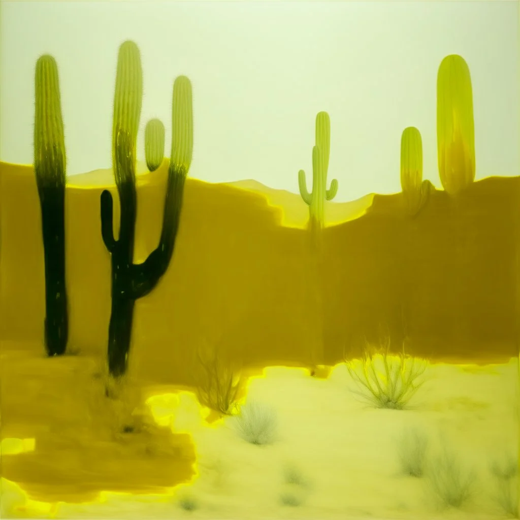 A light yellow desert with cactuses painted by Piet Mondrian