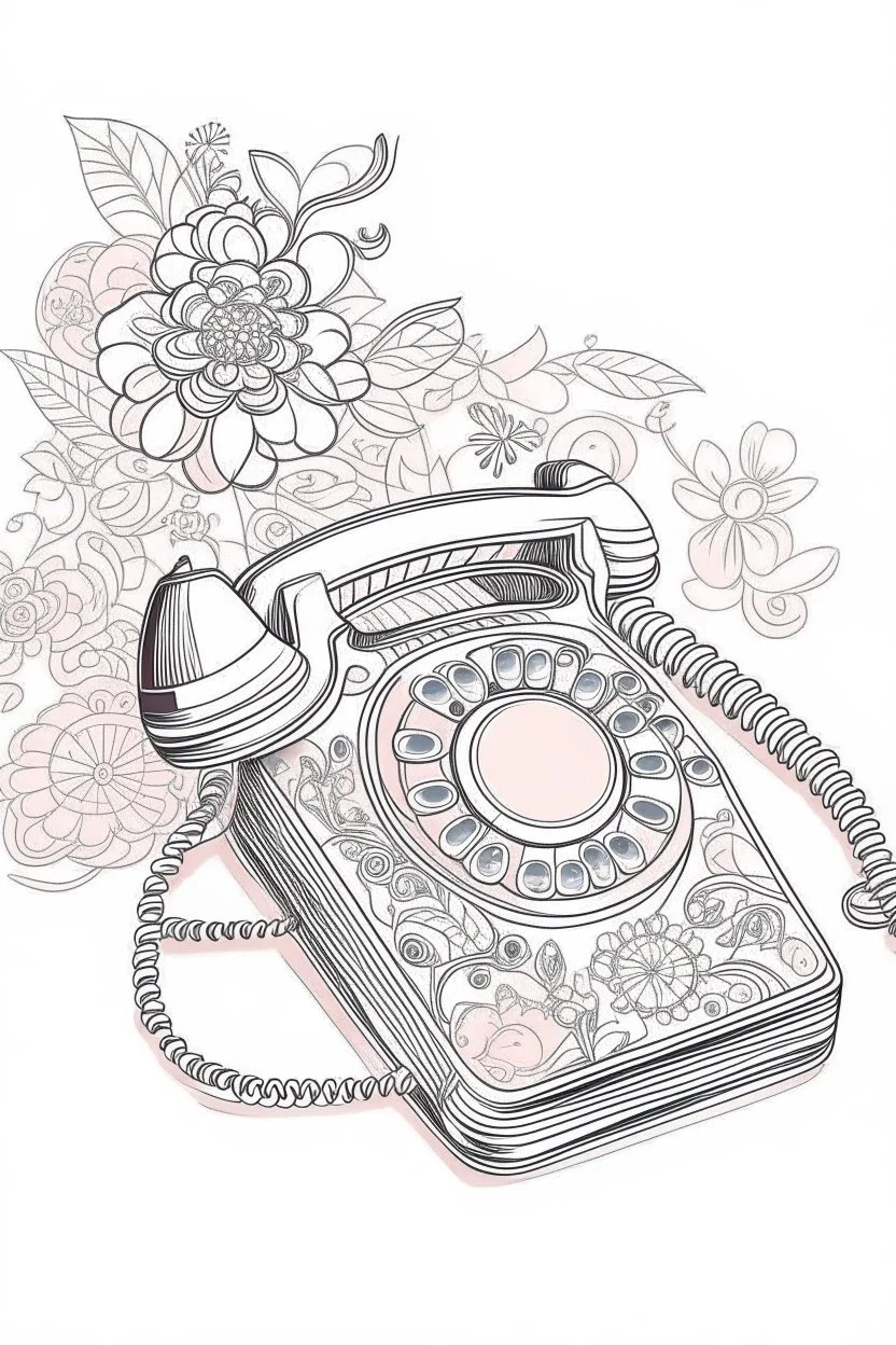 A delicate, floral-patterned phone with a curved receiver rests on a lace doily. A handwritten note with a heart drawn on it lies beside it. Style: Art Nouveau, Mood: Romantic, Lighting: Soft, diffused light with a warm pink hue, T-shirt design graphic, vector, contour, white background.