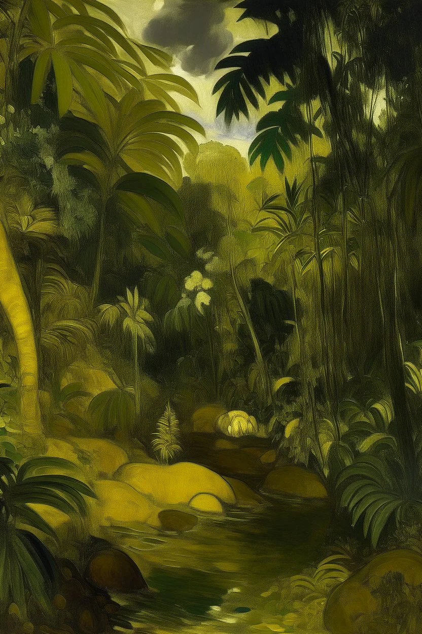 A dark gold rainforest near a bamboo’s forest surrounded with rocks, painted by Paul Gauguin