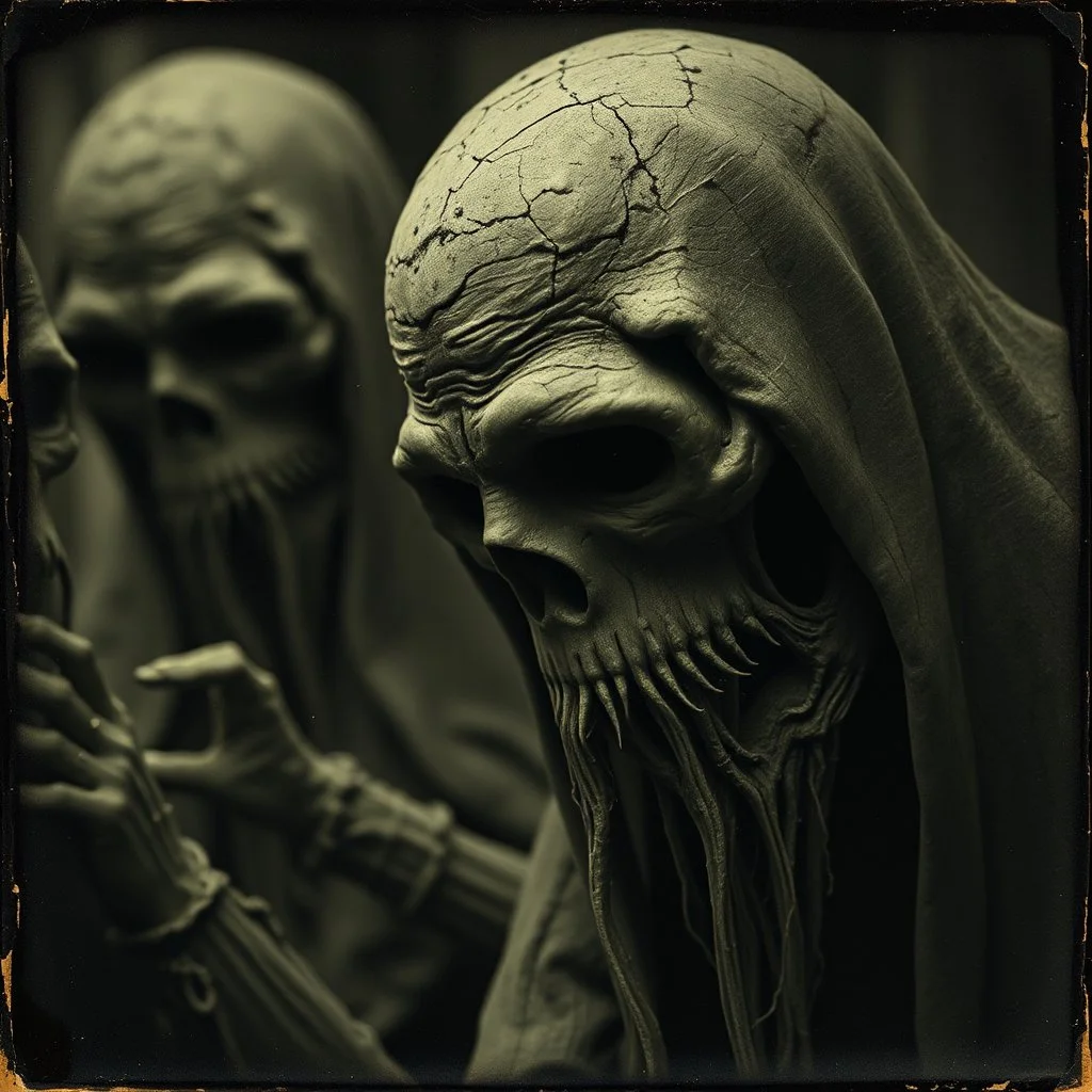 Daguerrotype close up of some mysterious figures, odd background, cinematic, Hieronymus Bosch, Max Ernst vegetal life, rotten, ambient light, ghost, cry