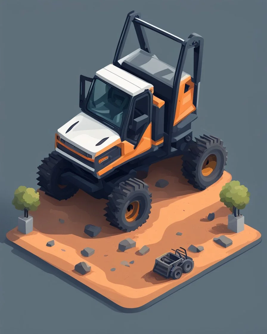 Isometric bobcat skidsteer with bucket attachment, cartooned proportions, Digital painting