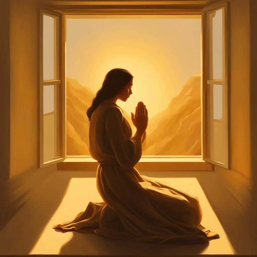 A single figure kneels in prayer, bathed in a warm, golden light spilling through a window. The figure's features are obscured, focusing on the posture of surrender and a subtle glow around the heart area.