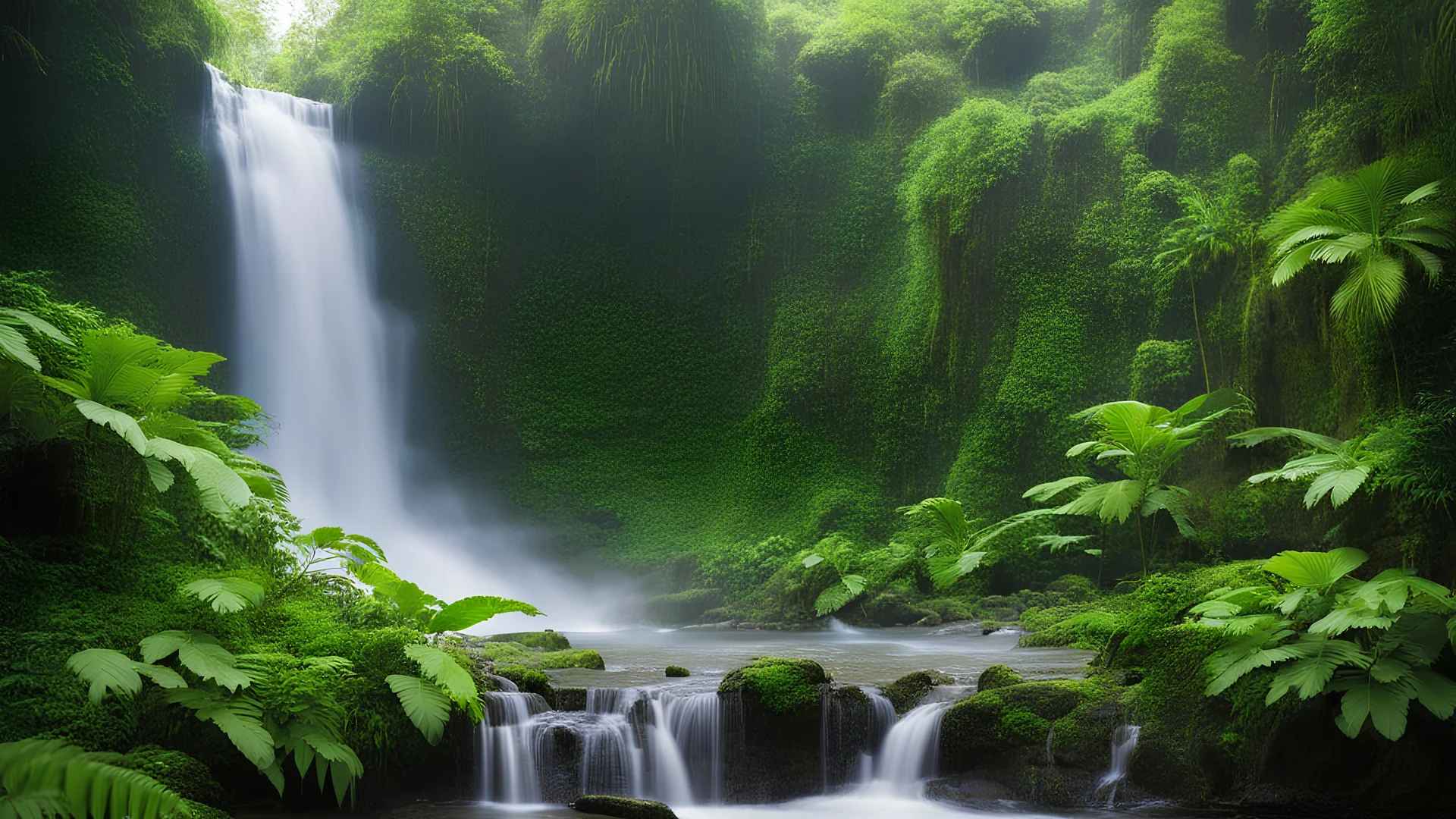 a mysterious waterfall surrounded by lush vegetation.