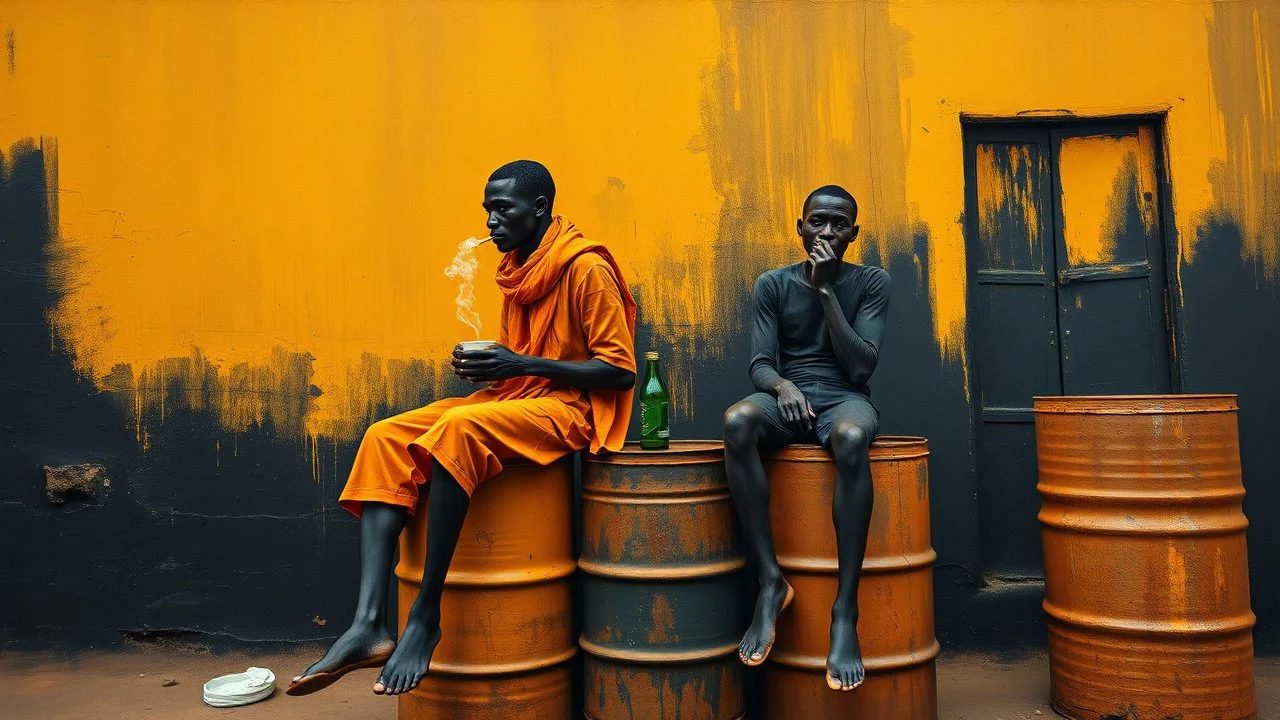 minimalist acrylic impasto painting of two skinny tall young black Somali neighbors sitting on rusty oil barrels drinking steaming coffee, wide angle, dynamic crude brush strokes, dusty yellow heat mood, peaceful vibe, tribal vibe, amazing reflections, amazing verticals, great parallels, warm shades of yellow, orange, green and black with sparse deep red leaks, afrofuturism, vibrant nighthawk people on a black wall, rusty village decay, arafed doors