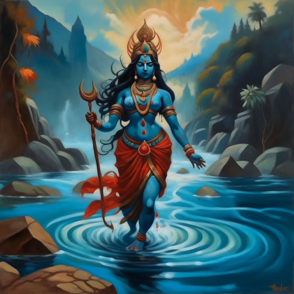 An oil painting of goddess Kali crossing a lake