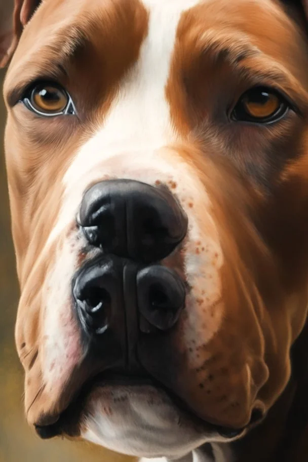 up close realistic oil painting of a pitbull dog, brown in colour with small white line between eyes,in impasto style, thick strokes of oil paint