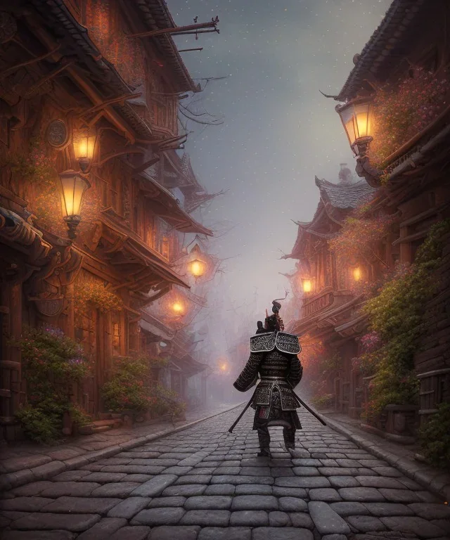 samurai, shadows, Brent Weeks, Night Angel, cobblestone street alley, highly detailed, hyper-detailed, beautifully color-coded, insane details, intricate details, beautifully color graded, Cinematic, Color Grading, Editorial Photography, Depth of Field, DOF, Tilt Blur, White Balance, 32k, Super-Resolution, Megapixel, ProPhoto RGB, VR, Halfrear Lighting, Backlight, non photorealistic rendering