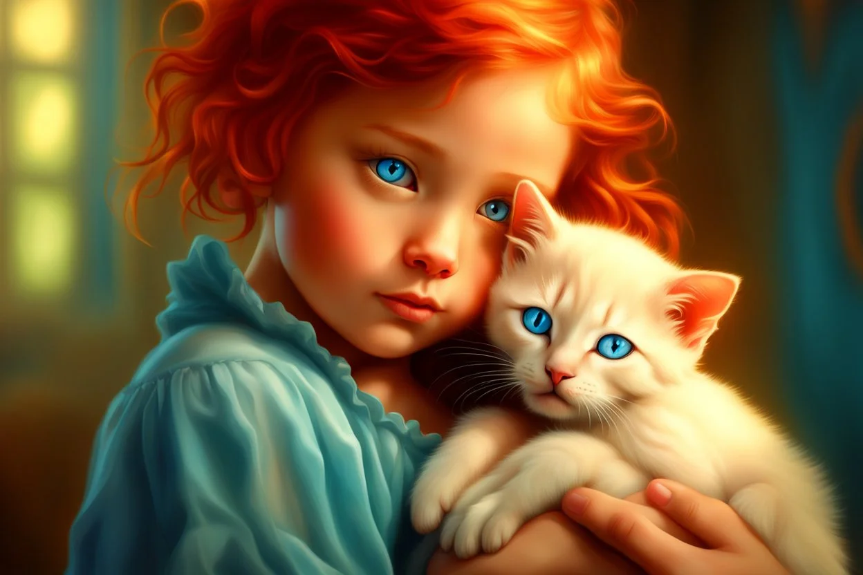 young red haired child with blue eyes lovingly cradles a regal blue eyed Siamese kitten in her arms, the two of them exuding an air of peace and grace. Modifiers: Award winning photography fantasy oil on canvas photorealistic very attractive dynamic lighting fantastic view ultra detailed cinematic postprocessing VRay neon Iridescent aesthetically perfect facial features Tesselated