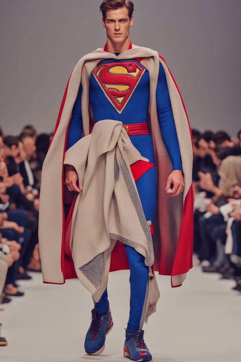 A guy on a fashion runway with superman clothes style embroidery without cape