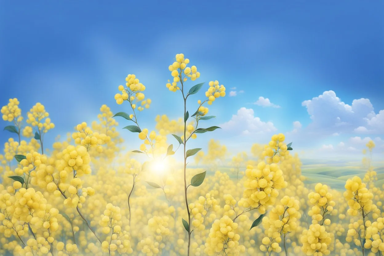 blue sky for top half, across Middle is canola flowers with canola stems branches and leaves below, realistic