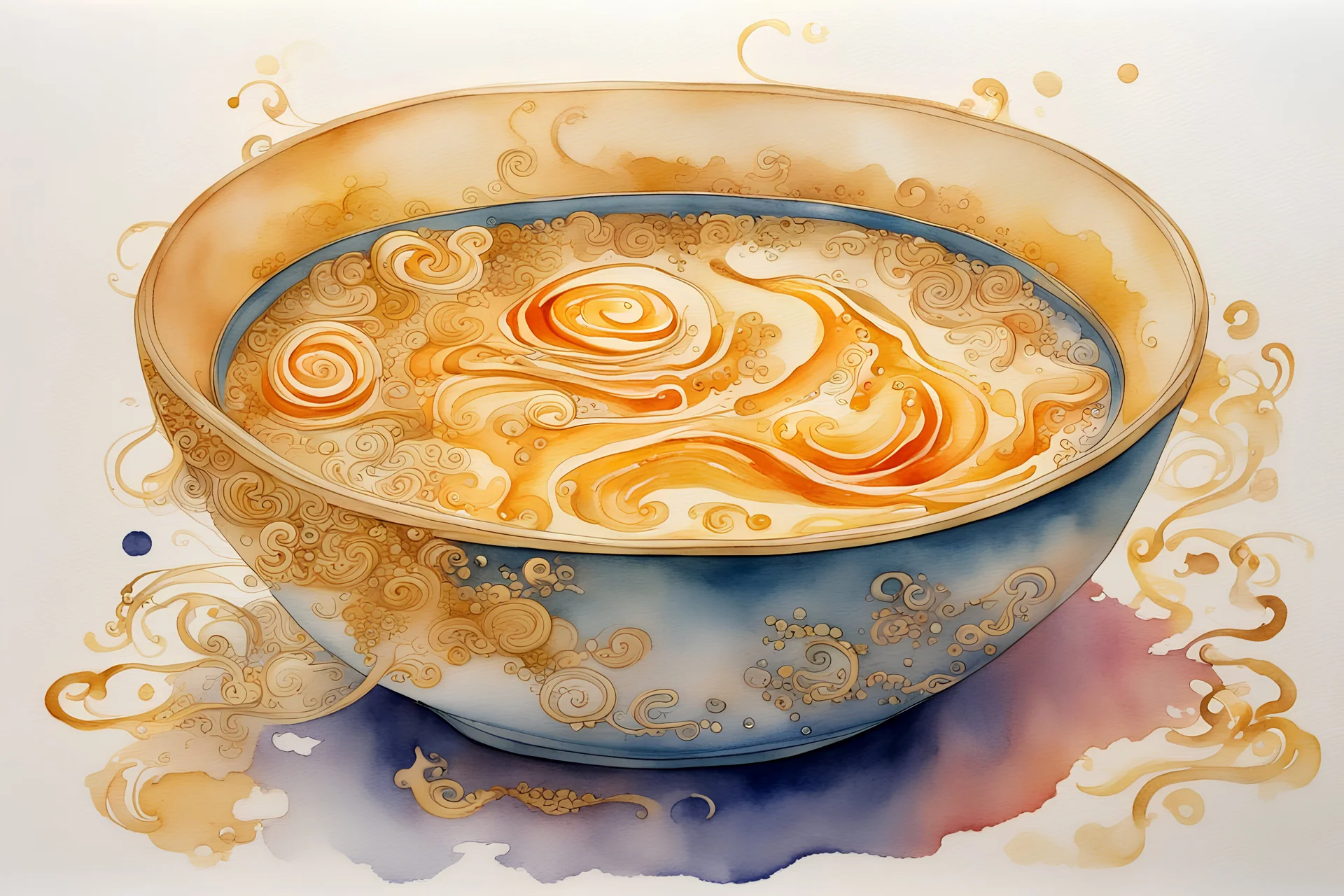 chinese curly soup, watercolor and ink, in sunshine, golden glitters