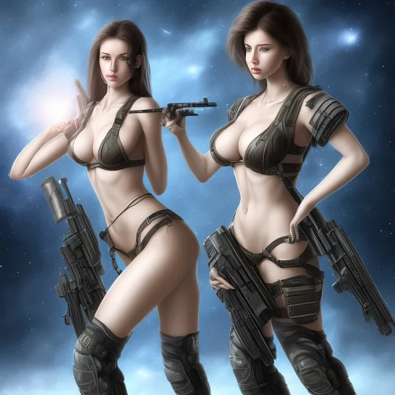 A girl with big breasts and beautiful and large military rifle in the galactic space