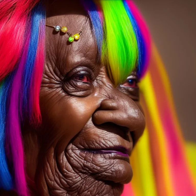 masterpiece, best quality, old woman, dark skinned, sparkling eyes, fluorescent skin, colorful makeup, afro, head shot, highly detailed body, sun light, 4K, RAW, depth of field, high contrast, realistic details, 24mm