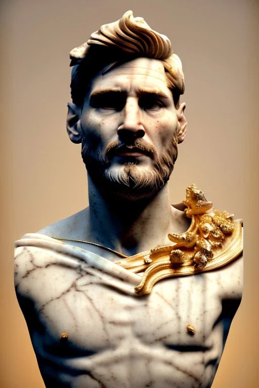 Realistic image, Roman sculpture made in white marble with gold veins, Lionel messi with gold laurel leaves crown, decorative star on the chest, waist up portrait,marble material, gold ornaments, Renaissance style, sun rays background, epic, celestial, cinematic lighting, God lights, 4k resolution, smooth details, soft lighting, unreal engine 5, art station, substance 3d.