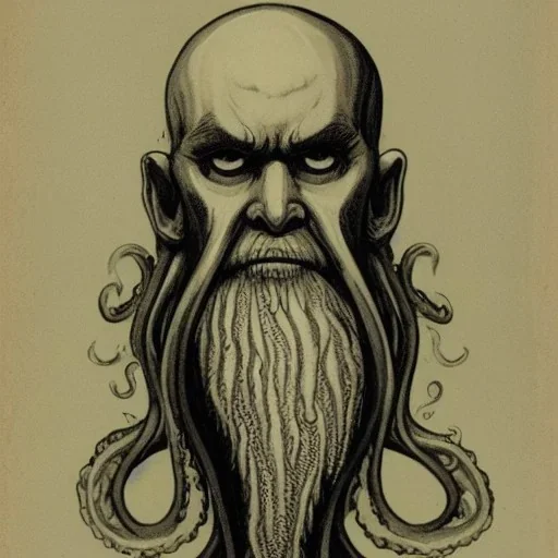 Cthulhu with white skin and a beard made of fleshy tentacles as a Russian Orthodox nosferatu vampire with yellow eyes