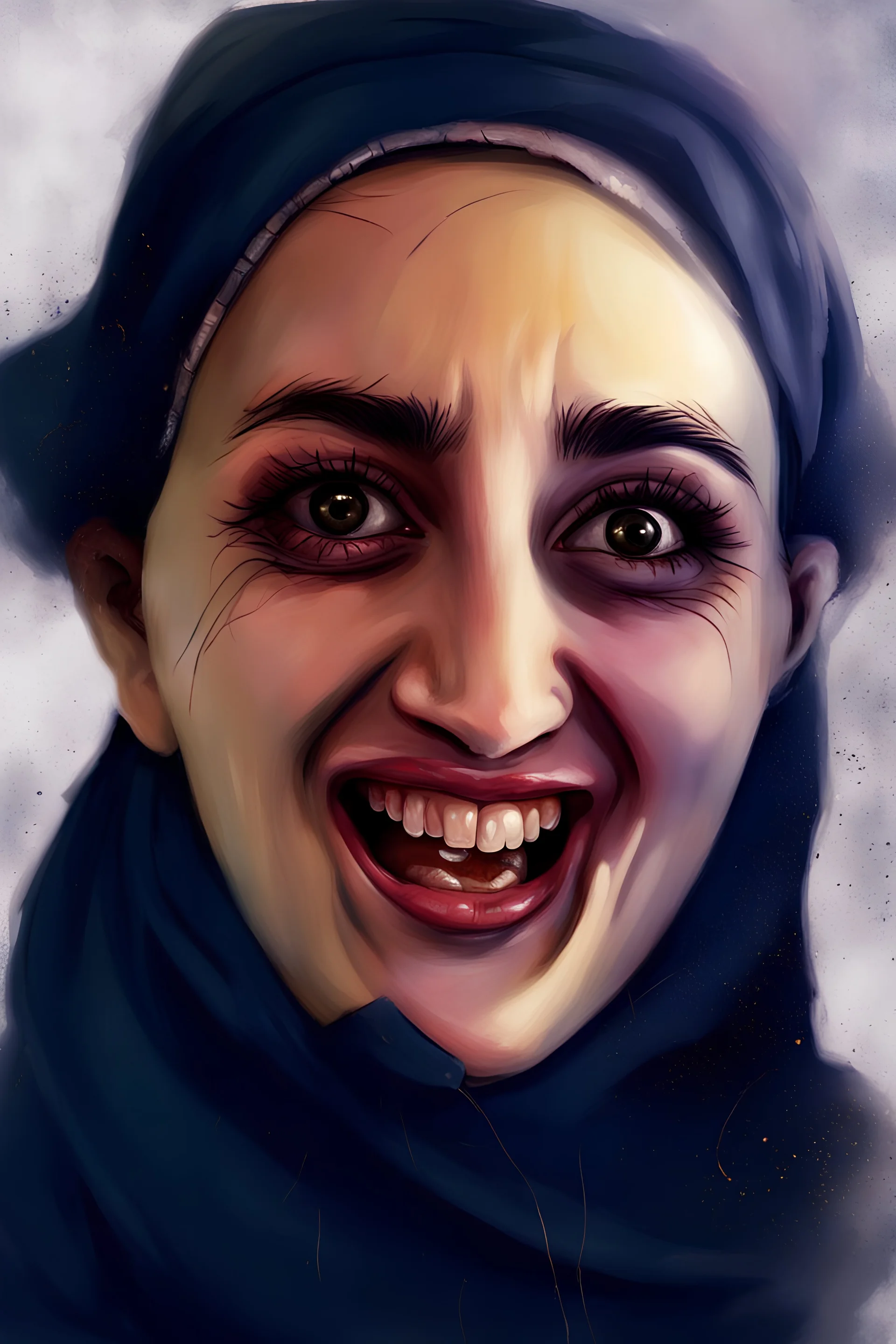 ha picture drawn by an insane artist, ugly arab woman screams in terror, petite, lips in a frown, ((((mouth wide open!!!!)))horrible, terrified open mouth scream, yellow colored skin, (unhealthy) complexion, unstylish short pencil dress, blue, disgusting, inelegant surroundings, lighting is one bare light bulb abover her head, like an interrogation ), focused subject, pencils, pens, colored pencils, varia tions, solo shots, horrid skin texture