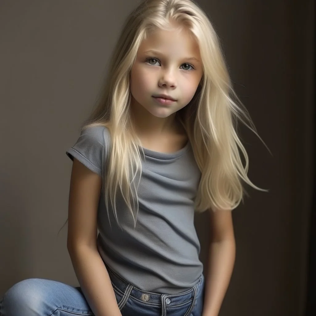 pretty girl, aged 10, blonde, conventionally attractive, dreamy, jeans, tight top