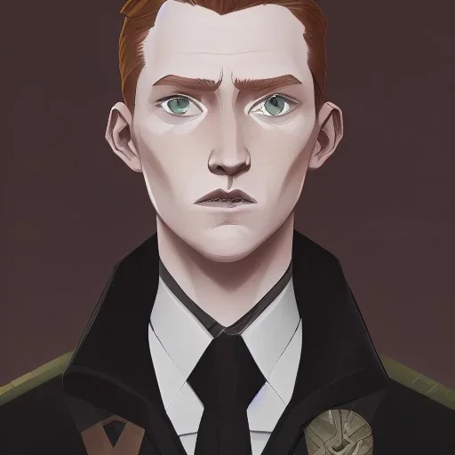 general hux 3/4 view, wearing a black First Order uniform, serious, imposing figure, thick eyebrows, digital art, wearing a black First Order uniform, green eyes, gray background, sepia filter