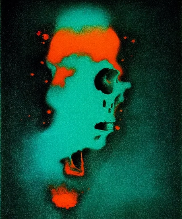 broken skull. black background. smoke and explode. particles in air. teal and orange. abstract. beksinski.