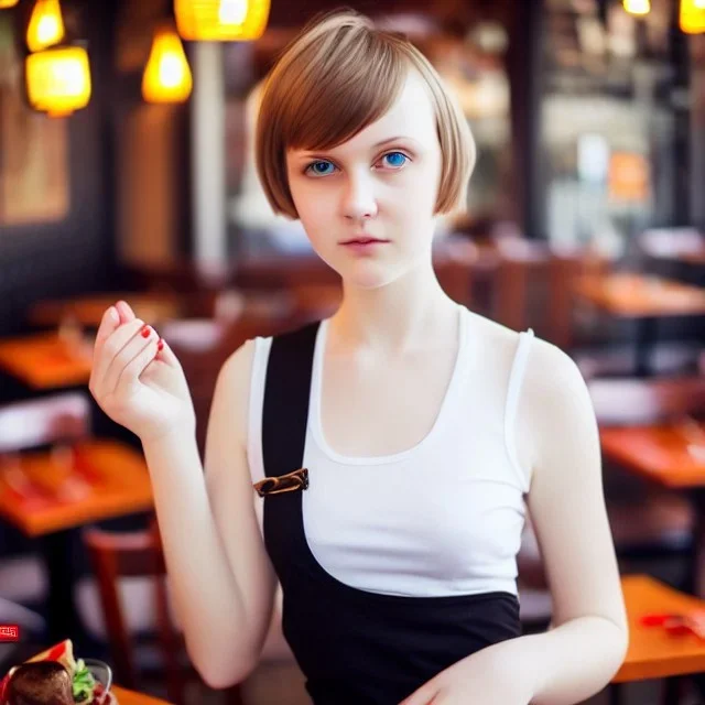 Realistic photo Russian shorthair beautiful 20-years tomboy boyish boylike young wife wide hips in restaurant